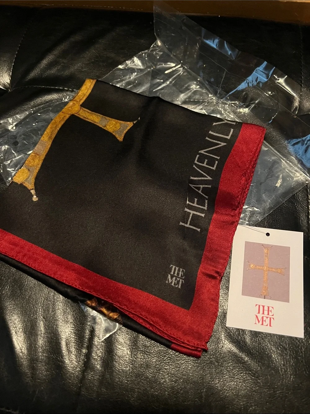 NWT The Met Black and Burgundy 100% Silk Decorative Cross Scarf - Picture 2 of 9